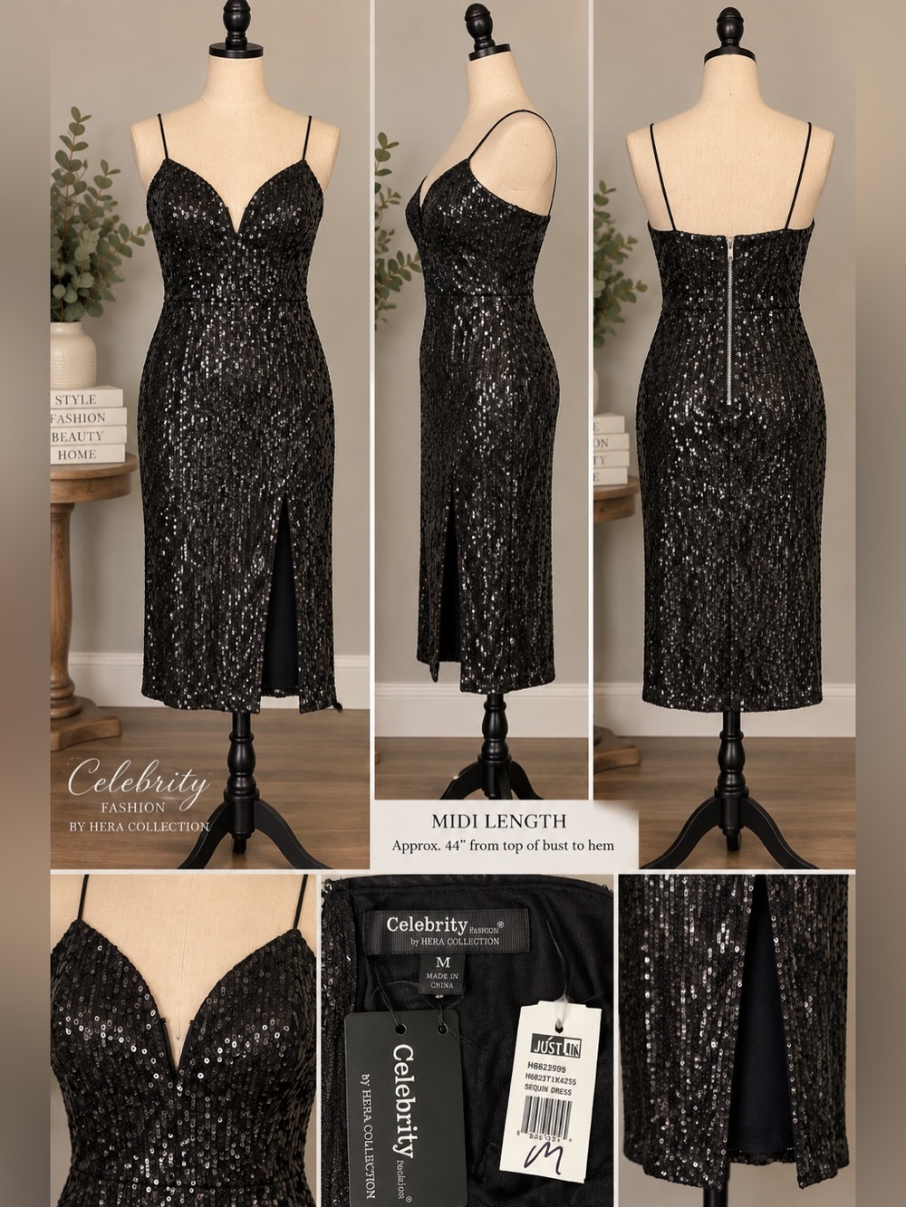 Celebrity Fashion Black Sequin Midi Dress NWT M Front Slit